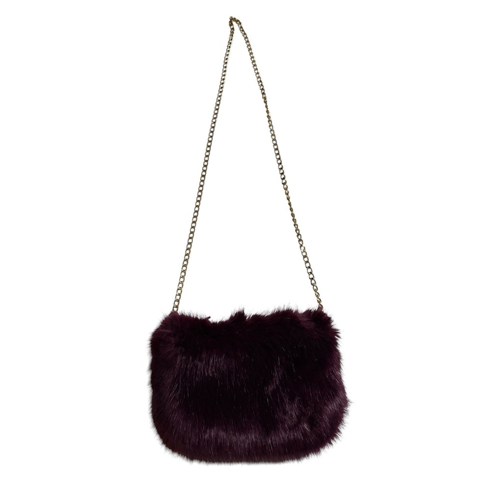 Charming Charlie Faux Fur Crossbody Bag Plum Burgundy Gold Chain Small Purse - Picture 2 of 5